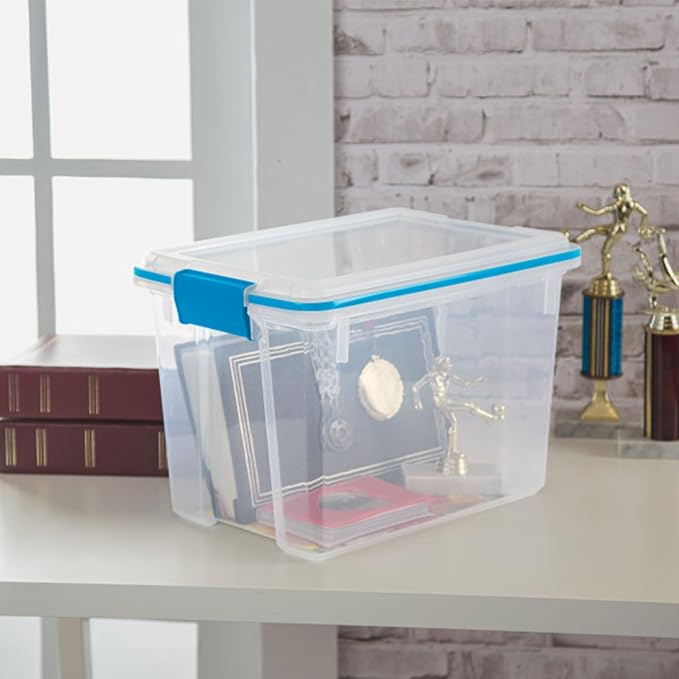 Sterilite Gasket Storage Box with Lids for Home & Office, 20 Quart, 18-Pack | Heavy-Duty, Stackable, and Organizing Containers for Bathroom, Cabinet, Closet, and Garage, Clear and Blue Aquarium Latches
