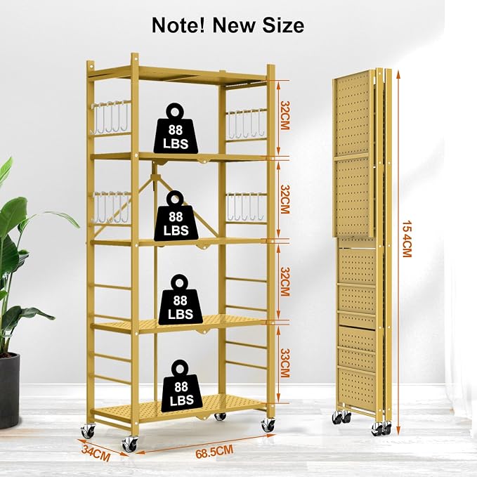 Himix 5-Tier Foldable Storage Shelves with 20 Hooks Wheels Bookshelf Gold | Folding shelving units, Metal collapsible organization, Wire shelf, No assembly, Garage, Home room, Greenhouse, Holds 440 Ibs