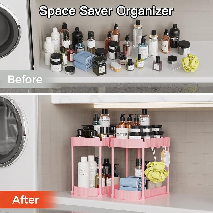 Ukeetap 2 Pack Multi-Purpose Pull-Out Storage Organizers, Under Sink & Cabinet Organizers, 12.8 Inch Pink
