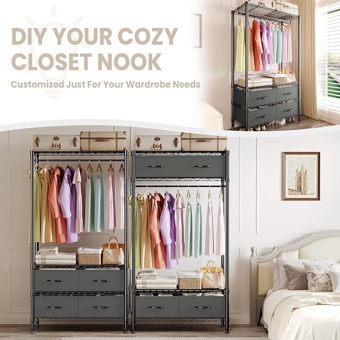 Portable Closet with Drawers Clothes Racks for Hanging Clothes | Freestanding closet organizer Sturdy structure Space saving Orgnizer Easy to assemble