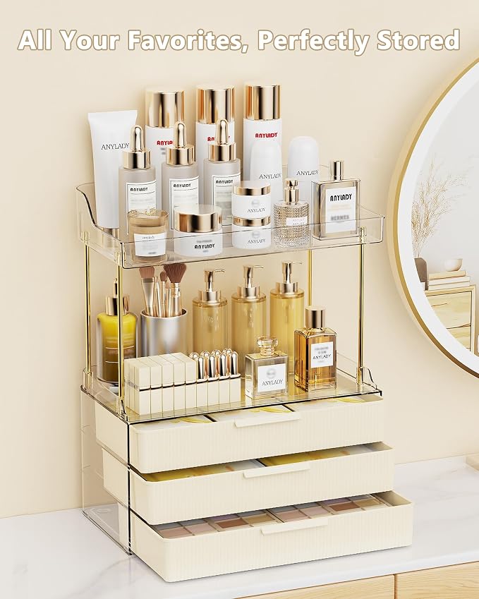 Anylady Bathroom Organizers and Storage, Makeup Organizer (Sturdy Durable Attractive), Ideal for Vanity, Countertop, Counter, Perfume, Skincare, Cabinet, Cosmetic, Dresser Organizer (Cream)