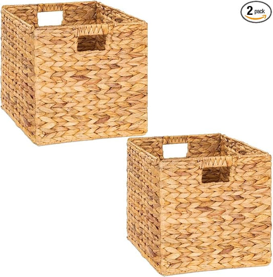 M4DECOR Storage Cube 10.5 x 10.5in, Wicker Storage Baskets for Shelves, Water Hyacinth Storage Baskets, Square Wicker Storage Basket (2 Packs 10.5in)