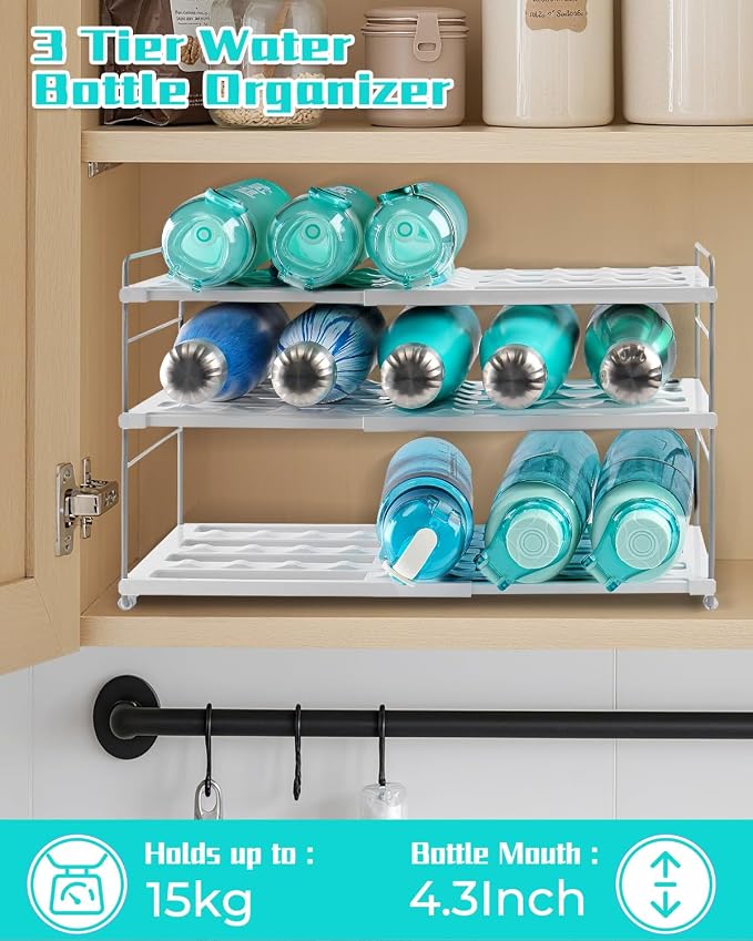 Cirhy 3-Tier Expandable Water Bottle Organizer Holder for 12-40oz Tumblers | Adjustable Cup Organizer Rack for Stanley, Owala and Yeti Oragnizer, Kitchen Cabinets and Pantry Organization