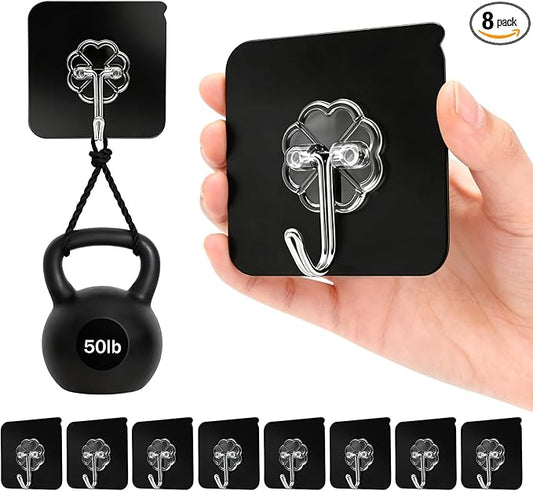 DDMY Heavy Duty Adhesive Hooks for Hanging 50lb(Max) Black Wall Hooks with Strong Sticky,No Damage Removable Hook Waterproof & Reusable for Bathroom, Kitchen, Shower, Outdoor Decor -8 Pack
