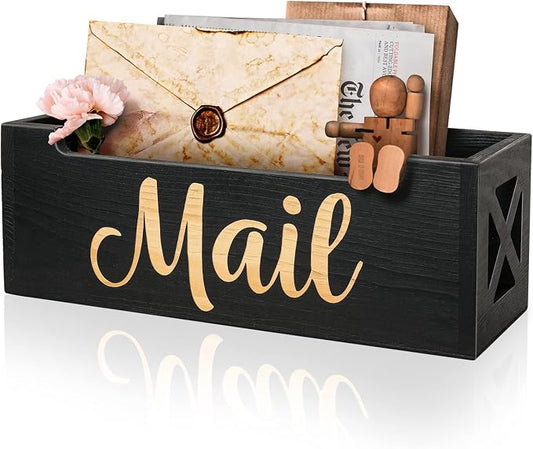Wooden Mail Organizer Countertop | Farmhouse Black Mail Holder for Wall | Rustic Desk Mail Sorter Basket Letter Holder for Home Office Entryway Decor