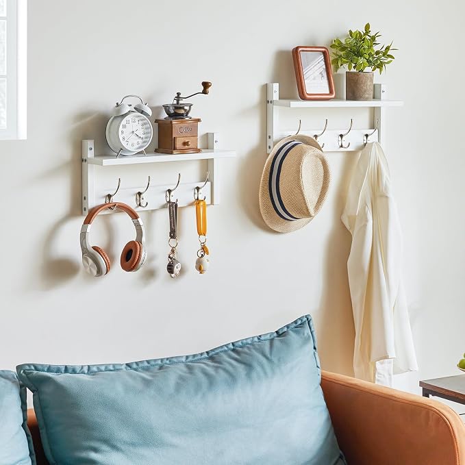 YMYNY Coat Rack Wall Mount with Shelf and Hooks, White UHWS001W-2 | 2 Pack Wooden Wall Mounted Coat Hanger with Shelf and 8 Double Hooks, Wall Coat Rack for Entryway Hallway Bedroom Bathroom