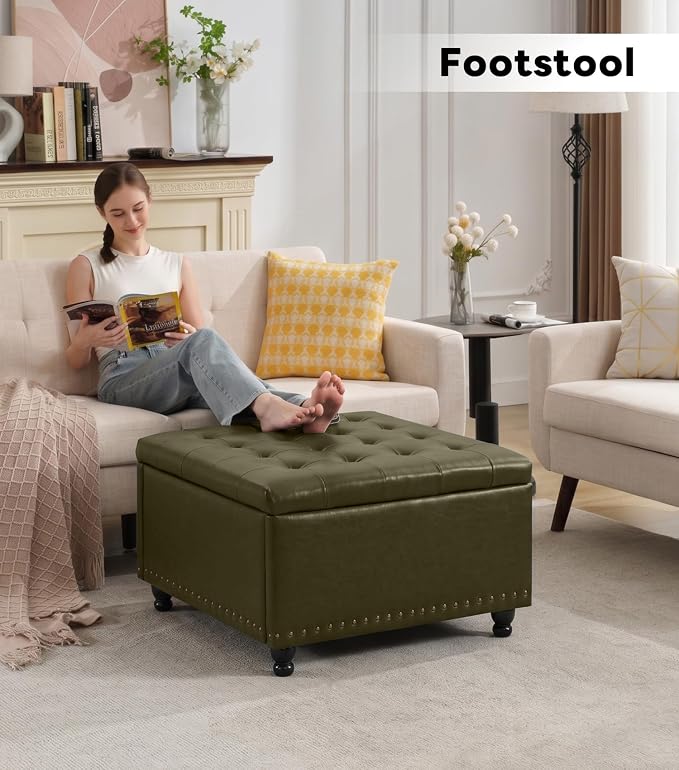 Tbfit Large Square Storage Ottoman Bench, Button Tufted Upholstered Coffee Table Ottoman with Wooden Legs, Oversized Storage Ottomans Toy Box Footrest for Living Room, Green PU