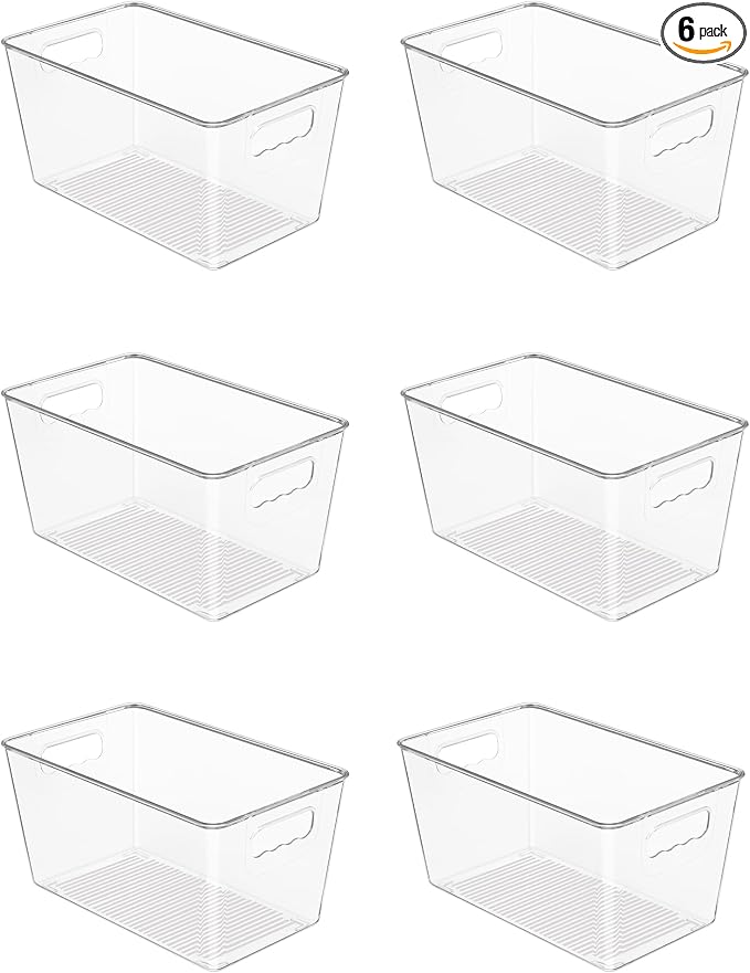 Vtopmart 6 Pack Clear Storage Bins, Pantry Cabinet Organizer Bins with Handle for Pantry Organizer and Storage, Plastic Bins for Fridge, Cabinet, Kitchen, Countertops, Cupboard, Freezer, Medium