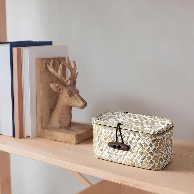 Hipiwe Wicker Shelf Basket Box with Lid Decorative Basket Handwoven Seagrass Storage Organizer Basket Decorative Basket, Whitewas 4.3" x 2.5" x 2.1"
