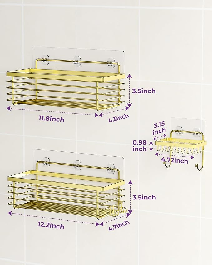 ODesign Shower Caddy Adhesive 3 Pack Stainless Steel Storage Shelves-Golden | No drilling wall mounted,rust-resistant,large capacity,quick drainage,easy to clean,suitable for bathrooms and kitchens