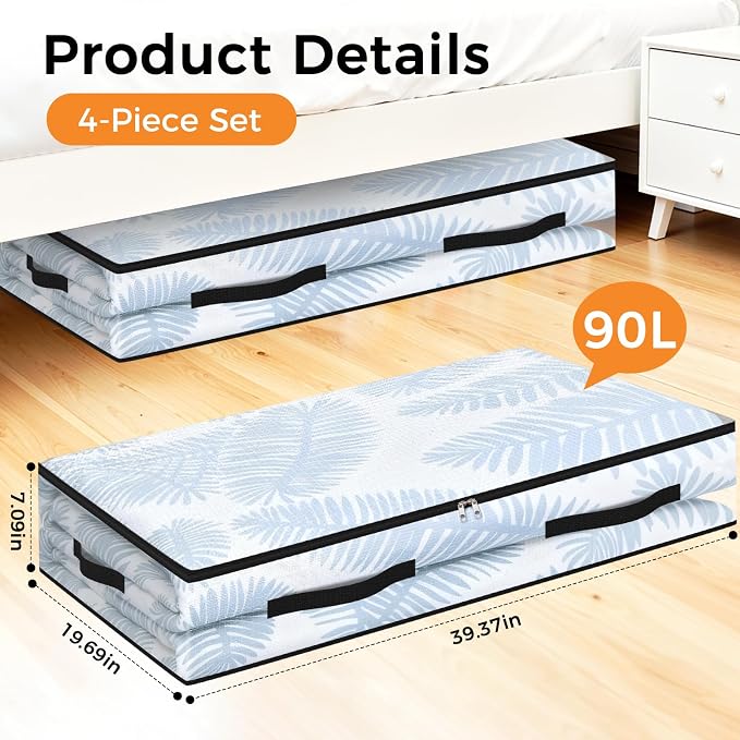 4 Pack Under Bed Storage Bags, 90L Foldable Clear Containers with Handles | Dual Zipper Storage Bins for Comforters, Bedding, Blankets, Closet Organizer for Clothes, Linen Sheets, Sweaters