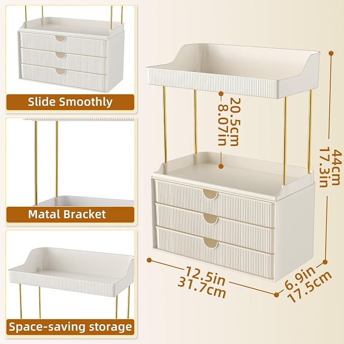 StorBin Arcylic 5-Tier Makeup & Skincare Organizer for Vanity, Bath | Smooth 3 drawers, clear body, gold frame, non-slip, for perfumes, serums, face masks, palettes, vanity & bath counter,white