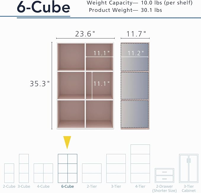 Homes: Inside + Out Apexa 6-Cube Storage Organizer Shelves, Stackable Wood Bookcase Fits Cubby Bins for Organization, Dorm Teen Room Decor & Home Office, Light Pink