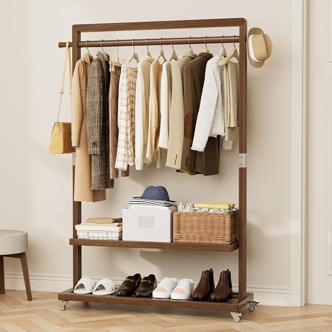 Solid Wood Clothes Rack with Wheels 3-in-1 Garment Rack Extra Long Rod 2 Shelves