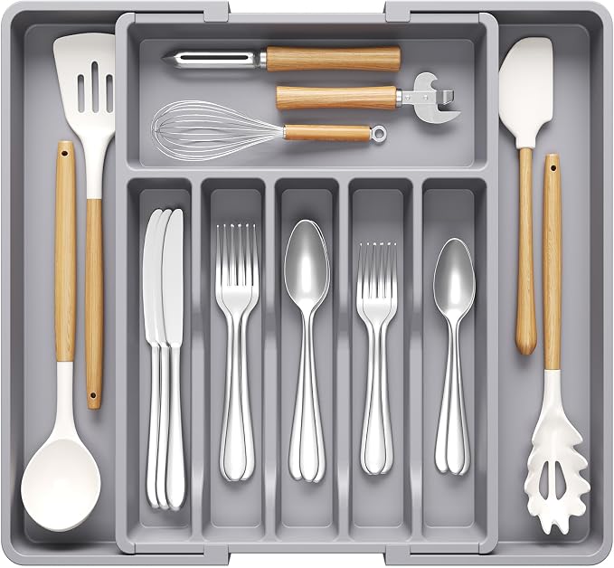 Lifewit Silverware Drawer Organizer, Expandable Utensil Tray for Kitchen, BPA Free Flatware and Cutlery Holder, Adjustable Plastic Storage for Spoons Forks Knives, 33 -57 x 42cm, Gray