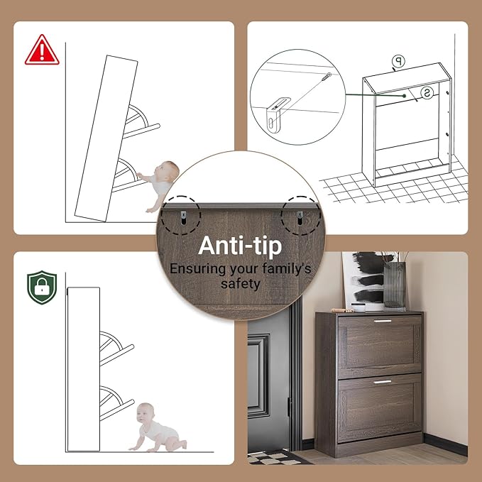 Haotian Shoe Cabinet Storage for Entryway | Narrow Shoe Cabinet with Two Flip Drawers to Save Space, Shoe Rack Cabinet for Front Door Entrance Hallway (Brown)