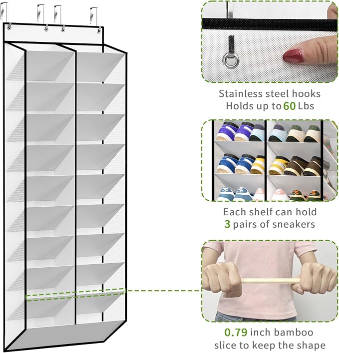 KEEPJOY 20-30 Pairs Over the Door Shoe Organizer, Mesh Hanging Shoe Rack for Door Storage with 20 Wide Deep Pockets,10-Tier White Door Shoe Holder Fits Sneakers, Boots.