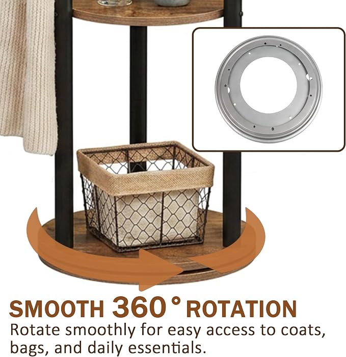 Espelism Rotary Coat Rack Stand, Freestanding Metal Hall Tree with 9 Hooks | 4-tier coat stand with wood storage shelves. Ideal for entryway, bedroom, corner or office clothing organization.Brown