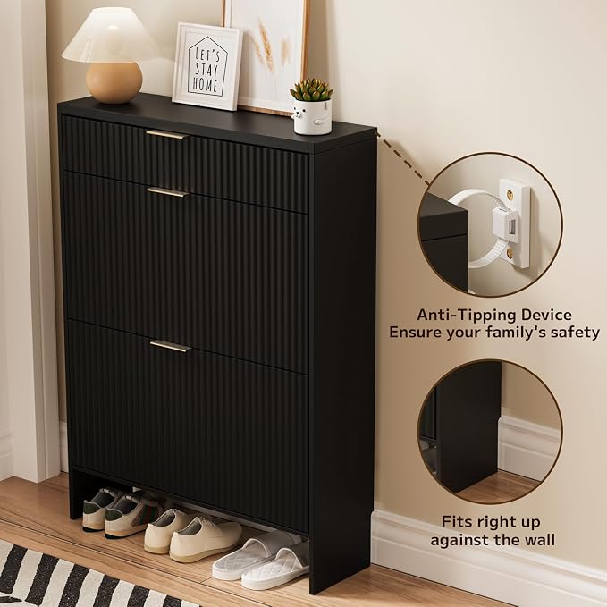 Fluted Shoe Cabinet Storage with 2 Flip Drawers & 1 Drawers, Wood Narrow Hidden Shoe Cabinet for Entryway, Freestanding Slim Shoe Rack Organizer for Foyer Hallway Living Room(Black)