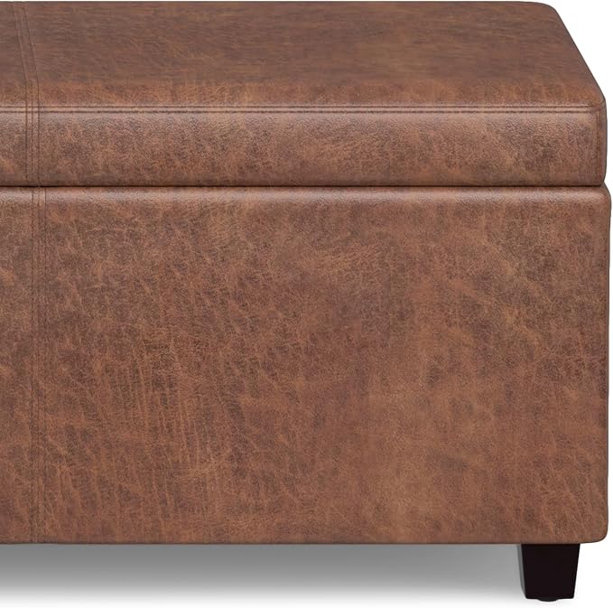 SIMPLIHOME Avalon 60" Wide Fabric Storage Ottoman in Tanners Brown | Contemporary lift-top ottoman with high-density foam; rectangle storage bench or coffee table for living room or entryway.