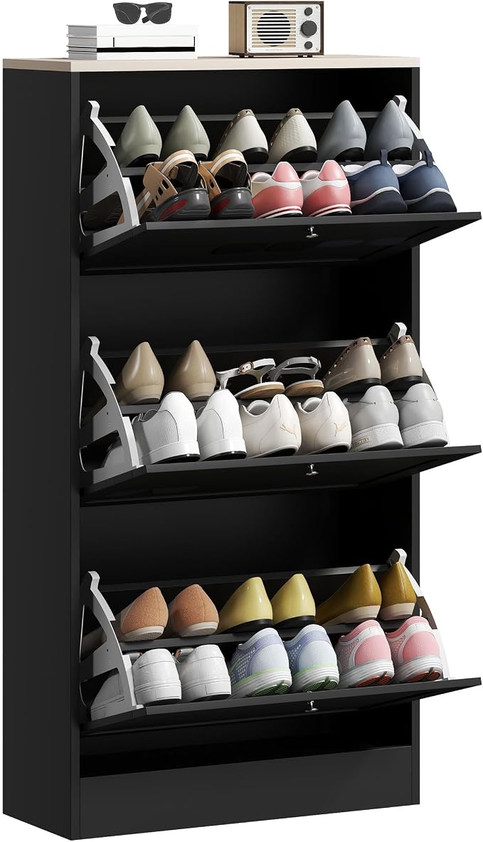 HOMCOM Narrow Shoe Storage Cabinet for Entryway with 3 Flip Drawers and Adjustable Shelves, Shoe Rack Organizer for 18 Pairs of Shoes, Black
