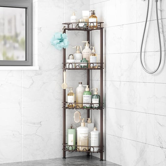 SWTYMIKI Standing Shower Caddy Corner - 4‑Tier Stainless Steel Shower Organizer Shelf with 12 Hooks and Adhesive Pads, Rustproof Corner Shelves Stand Rack for Bathroom Shower Room, Bronze