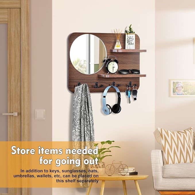 Coat Rack with Shelf Rustic Wooden Wall Mounted Hanging Coat Rack with Mirror Shelves and 4 Double Hooks Decorative Entryway Hook Shelf for Hallway Living Room Bedroom 16"x12" (Brown S)