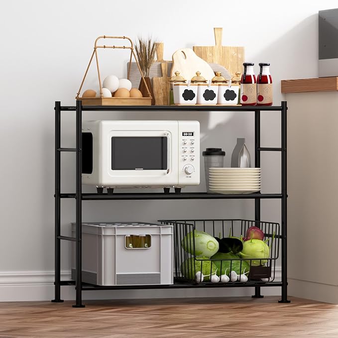 Sakugi Storage Shelves - 3 Tier Shelf Organizer, Heavy Duty Garage Shelving Unit with Leveling Feet, Stable Metal Shelves Organizer for Pantry, Kitchen and Closet, 33.0" W x 12.6" D x 30.4" H, Black