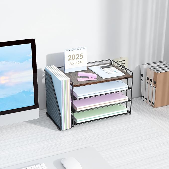 Spacrea 4 Tier Paper Organizer for Desk with File Organizer | Desk Organizers and Accessories Desk Accessories & Workspace Organizers for Office Supplies (Wood)
