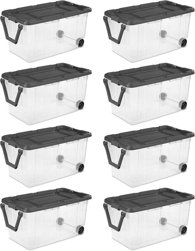 Sterilite 8-Pack Modular Stacker Box, Durable Clear Plastic Storage Bins with Latching Lids, 40 Quart - Stackable Organizing Container Boxes for Closet, Bathroom, and Office