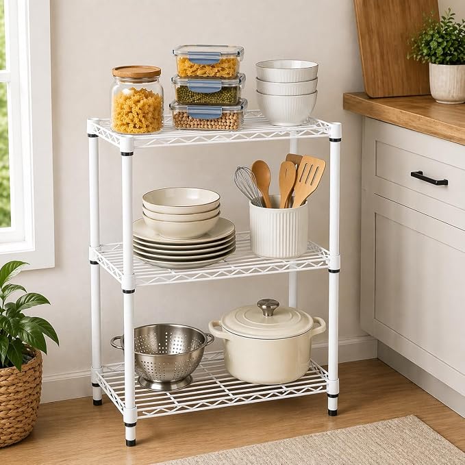 Honey-Can-Do 3-Tier White Wire Shelf, NSF, 250 lb/Shelf, 14x24x30 in | 750 lb total; NSF-certified steel; adjustable rust-resistant shelves for closet, kitchen & garage; no tools needed