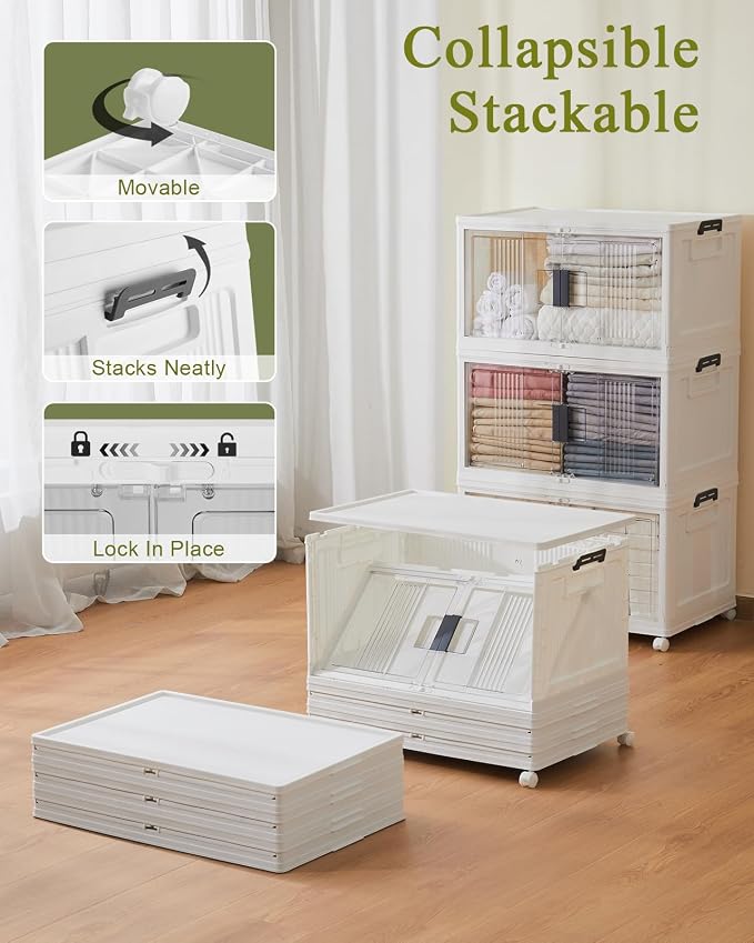 OlarHike 76QT Storage Bins with Lids for Home, Office, Closet, Dorm, 3 Pack | Multi-Lid, Lockable Cabinet, Doors & Wheels, Foldable, Collapsible, Stackable Organizers, Plastic Drawers, Containers, School