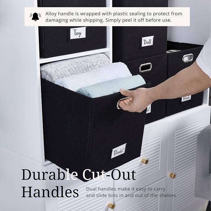 DECOMOMO Felt Storage Bins, 13x15x13 Storage Cube Bins with Labels | 4 Pack Storage Baskets for Shelves, Kallax (Black)