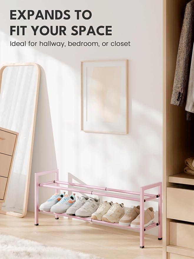 Bumusty 2 Tier Expandable Shoe Rack for Closet, Pink | 18"-33" Adjustable Shoe Rack for Entryway, Small Shoe Organizer for Dorm, Front Door, Sturdy Metal