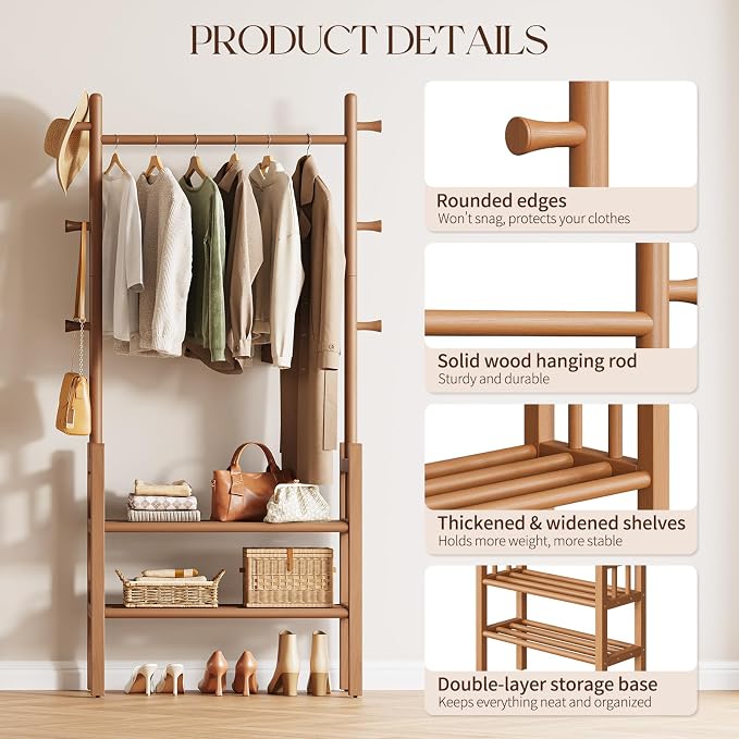 Yoobure Solid Wood Clothing Rack with Shelves - Coat Rack Freestanding with 6 Hooks, 3-in-1 Hall Tree for Hanging Clothes, Tall Garment Racks with Storage for Bedroom, Entryway, Living Room, Closet