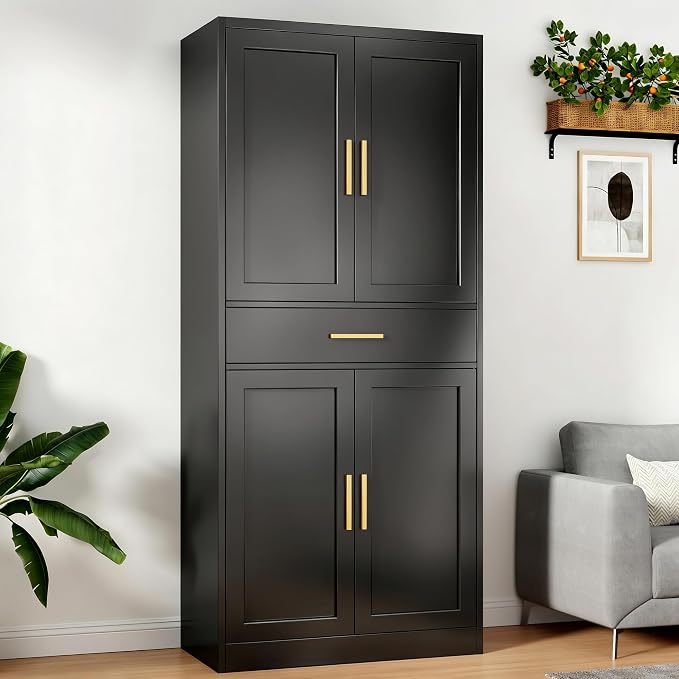 71”Tall Kitchen Pantry Cabinet, Metal Storage Cabinet with Doors and Shelves (Black, 1 Drawer)
