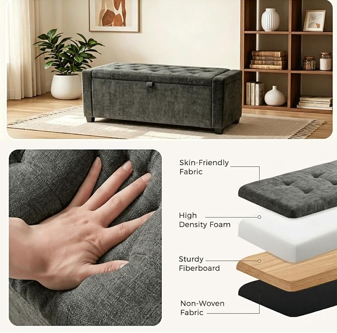 47" White Ottoman Bench, Comfort Bed End Storage Bench for Living Room | Versatile design works as a coffee table or footstool; easy assembly, sturdy structure, and comfortable padded cushion.