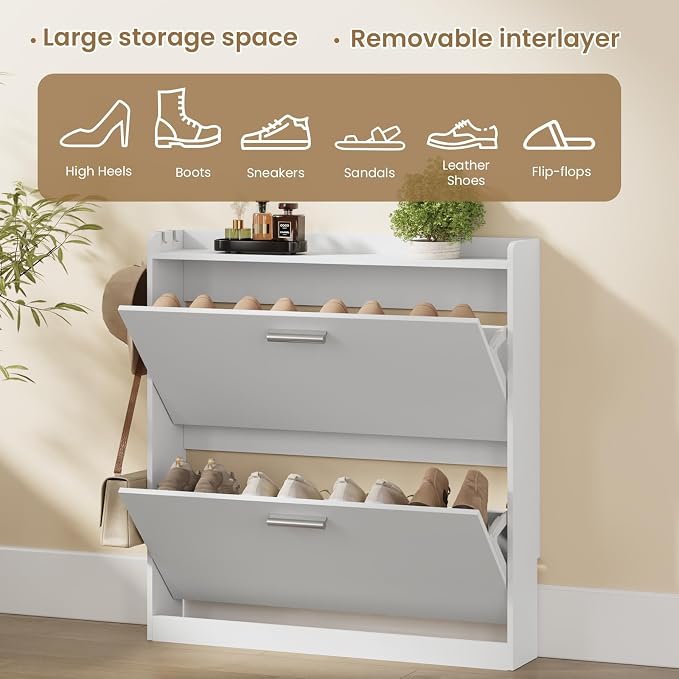 Shoe Cabinet Organizer with 2 Flip Drawers,Narrow Shoe Rack 31.5" W White | Freestanding shoe storage cabinet for entryway,foyer and hallway,space-saving flip drawers,Adjustable Shelves & 2 Hooks