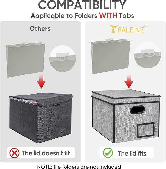 BALEINE File Organizer Box with Lid, Collapsible File Folder Organizer with Plastic Slide, Hanging File Folder Box for Office Document Storage (Tab Friendly, 1 Pack, Grey)