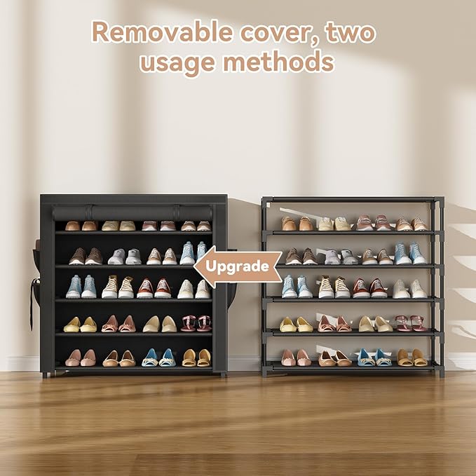LANTEFUL Shoe Rack with Covers 5 Tier Tall Shoe Rack Organizer Large Capacity Shoe Shelf Storage 20-24 Pairs Space Saving Free Standing Shoe Storage Organizer for Closet, Entryway, Dorm, Black