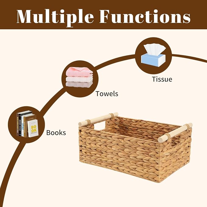 Woven Storage Basket, Small Wicker Organizer, 11.6x8.1x4.9 | 11.6x8.1x4.9" small natural woven basket with handles; compact wicker organizer for shelves, pantry, bathroom and gifting.