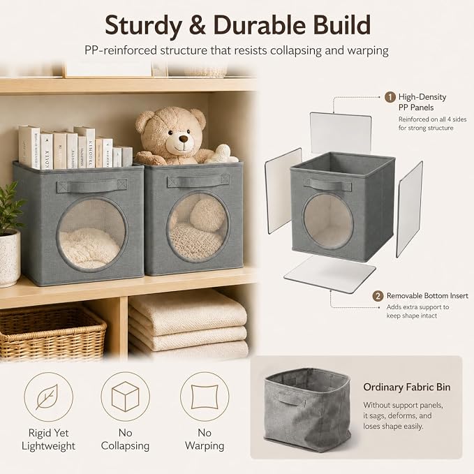Ultra Thick Fabric Foldable Storage Cubes with Mesh Window - 13 Inch Cube Storage Organizer for Clothes, Shelves, Offices, Toys & Misc, Dark Gray, 4 Pack