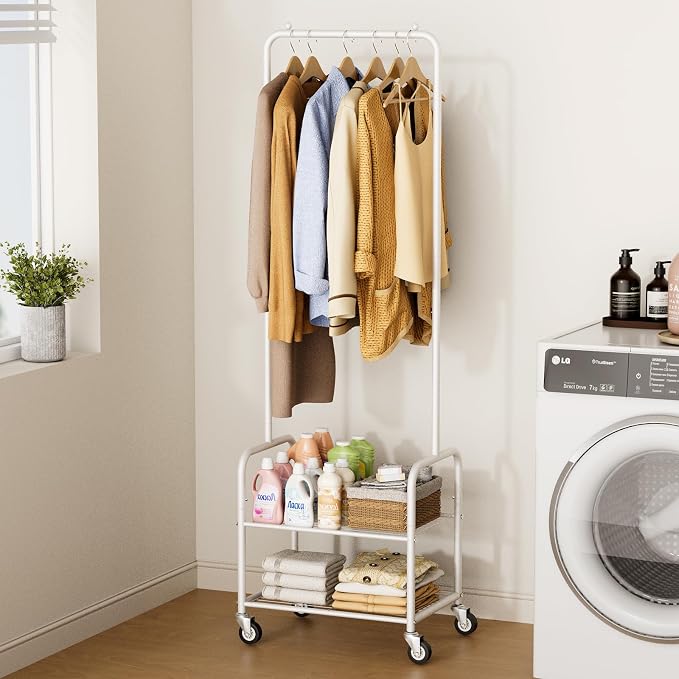 AOODA Small Clothes Rack with Shelves, Metal Sturdy Rolling Clothing Racks for Hanging Clothes, Portable Garment Rack with Wheels for Shirts, Coats, Shoes, Bags (White)