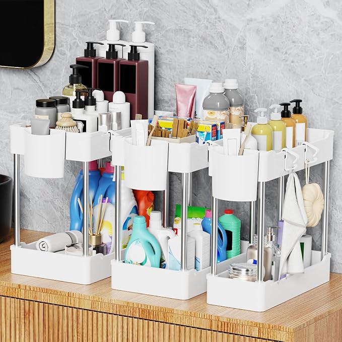 3 Pack Under Sink Organizer Bathroom and Storage Cabinet (White) | 2 Tier with Hanging Cups for Kitchen