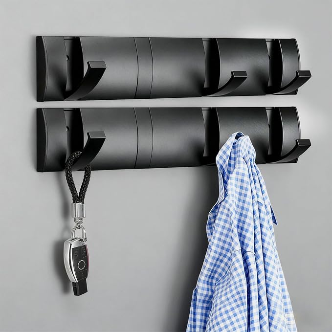Folding Coat Hooks, Wall Mounted Coat Rack with 8 Retractable Hooks, Heavy Duty Towel Rack for Bathroom Wall Hook for Hanging Clothes Bathrobe, Stainless Steel Coat Hanger for Entryway(Black)