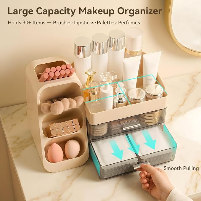 Makeup Organizer for Vanity with Brush Holder and 2 Drawers, Cream | Large-Capacity Makeup Holder Organizes Skincare, Cosmetics and Daily Beauty Products for Tidy Vanity and Bathroom Counters