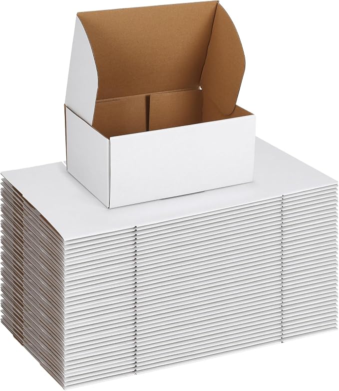 CRUGLA 9x6x4 White Shipping Boxes, 25 Pack Corrugated Mailer Boxes for Small Business Packaging, Quick Fold Cardboard Mailer with Round Seal Stickers