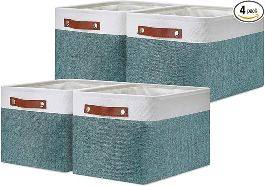 DULLEMELO Storage Baskets for Shelves, Fabric Collapsible Rectangular Storage Bins for Shelves, Closets, Nursery, Home, Office, Empty Gift Baskets (4-Pack-15"*11"*9.5", White&Deep Green)