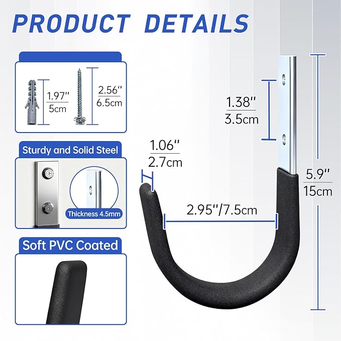 Heavy Duty Wall Hooks, Garage Storage Utility Hooks, Steel Wall Mount Hanger, Tool Organizer Hose Hanger Steel U Hooks for Garage & Garden (2, Black)