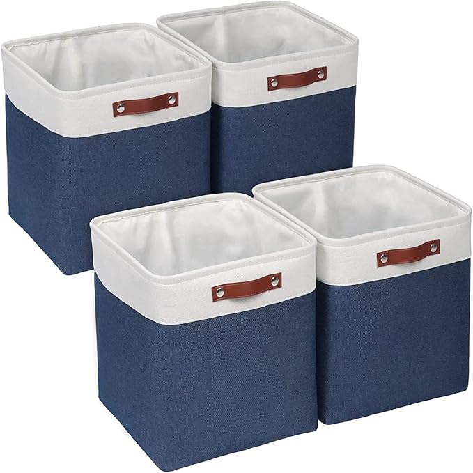 Univivi Fabric Cube Storage Bins for Shelves,Blue,13 x 13 x13 inch,4 Pack | Large Capacity,Metal Frame,Hard Cardboard Bottom,Foldable,Linen Closet Baskets with PU Handles